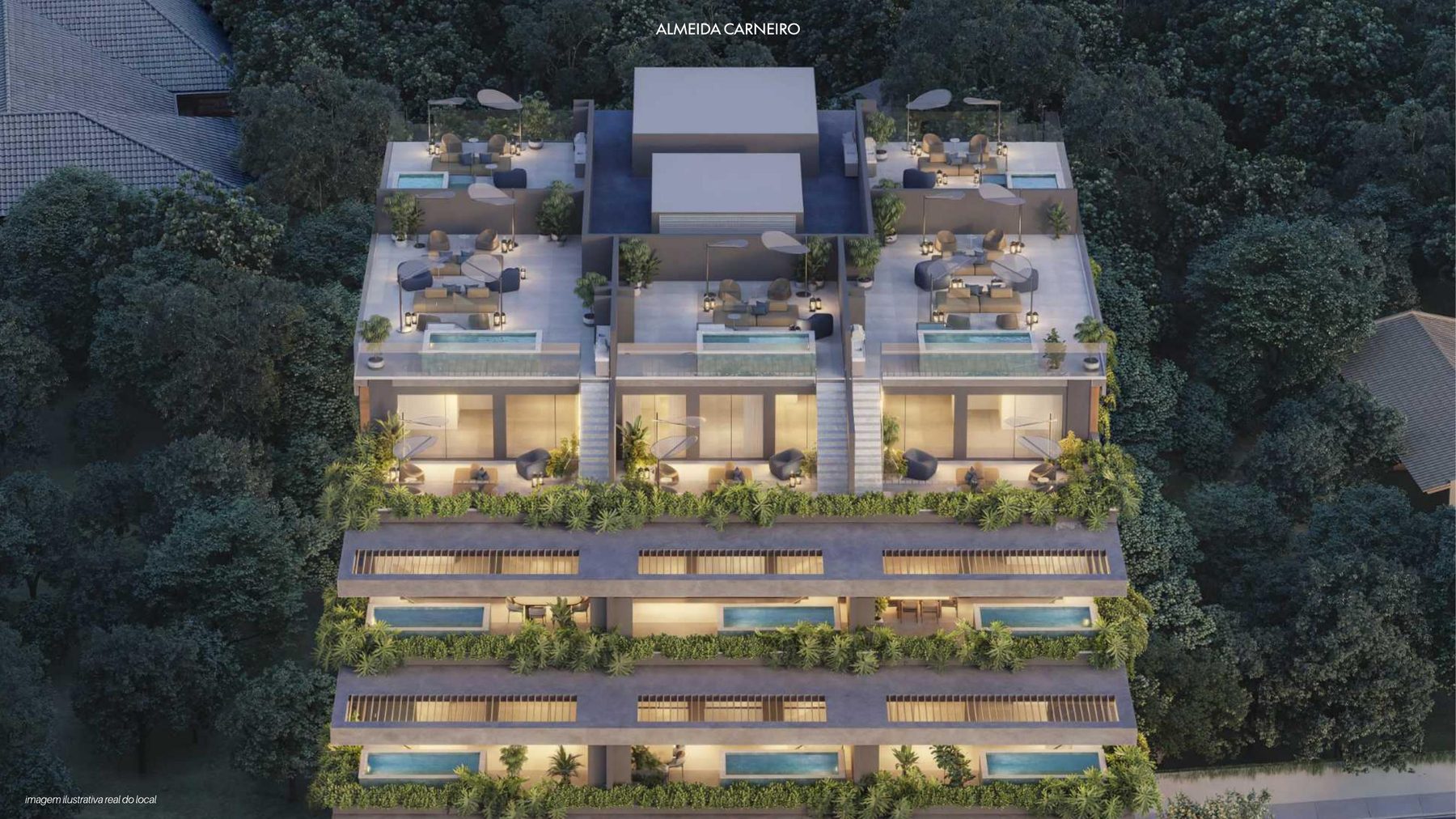 Vista aérea noturna das casas suspensas com piscina
