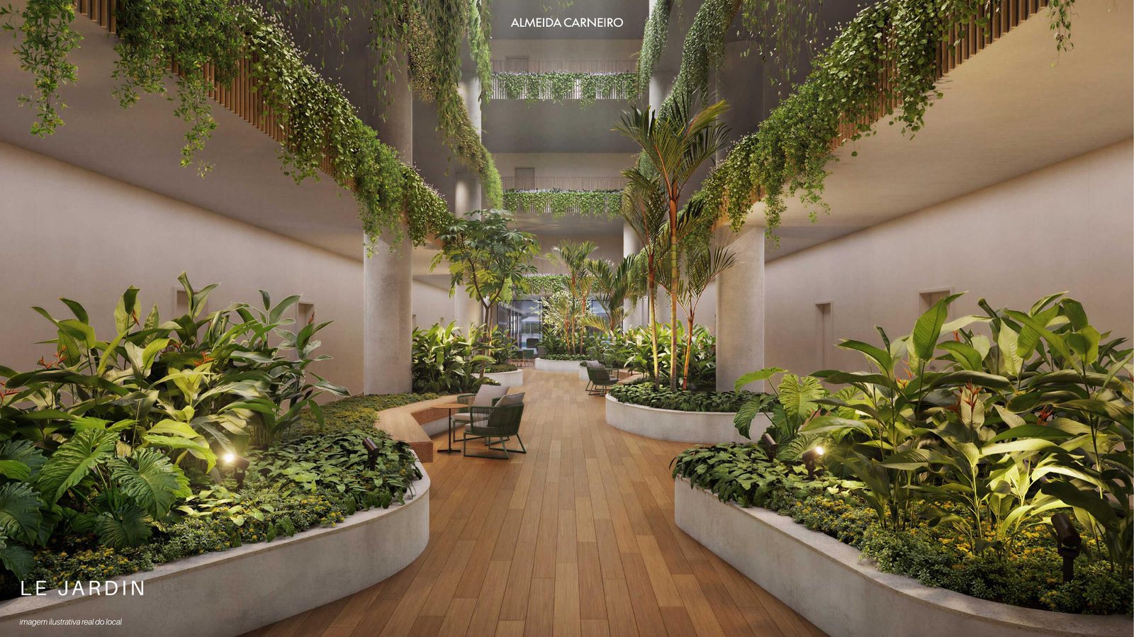 Le Jardin — alameda interna com jardins e áreas de permanência