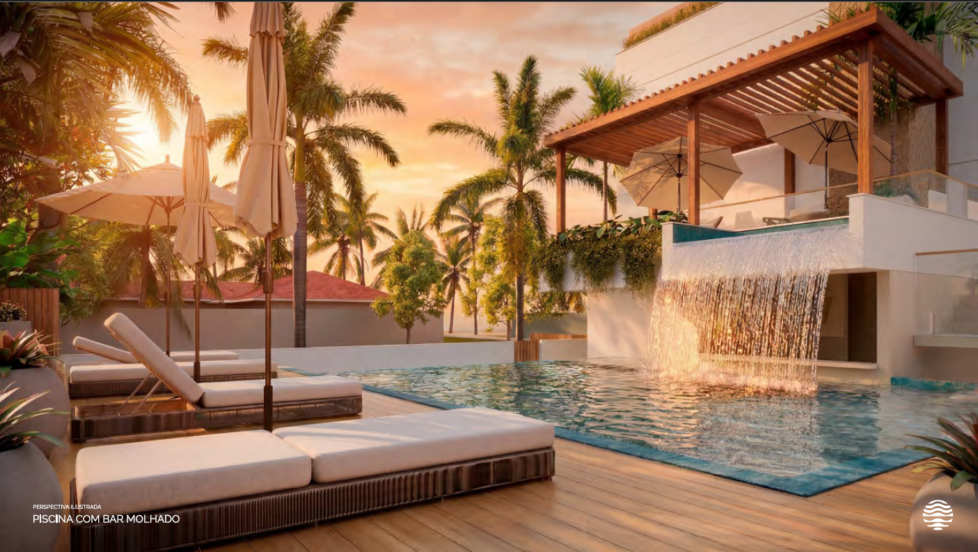 Piscina com bar molhado ao pôr do sol