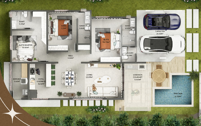 Planta 3D da casa modelo com suítes, living e área gourmet