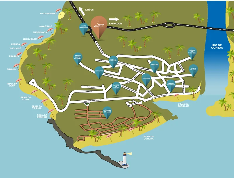 Mapa de localização do Laguna Itacaré, entre a Avenida Alto da Boa Vista e o posto rodoviário, com os bairros da Pituba, Santo Antônio, Passagem, Porto de Trás, centro e centro histórico, praias e o Rio de Contas
