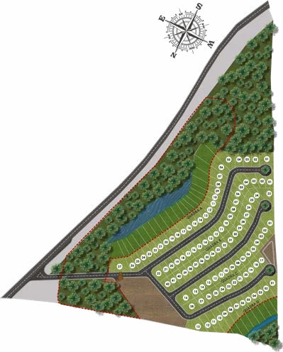 Mapa de implantação com a divisão dos lotes e das quadras do Laguna Itacaré, com rosa dos ventos
