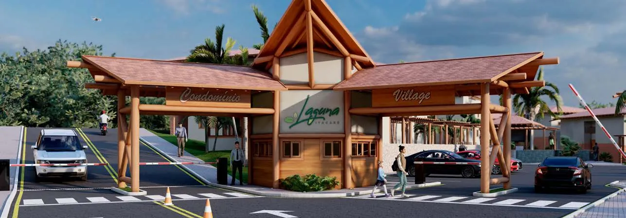 Perspectiva ilustrada da portaria do Condomínio Village Laguna Itacaré: cobertura em madeira, cancelas e pedestres