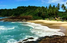 Praia de Itacaré com ondas, coqueiros e mata